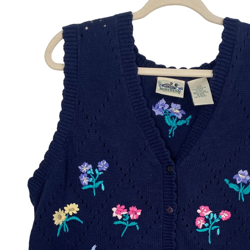Vintage Northern Reflections Floral Embroidered Sweater Vest Navy Cottagecore-L - Picture 2 of 14